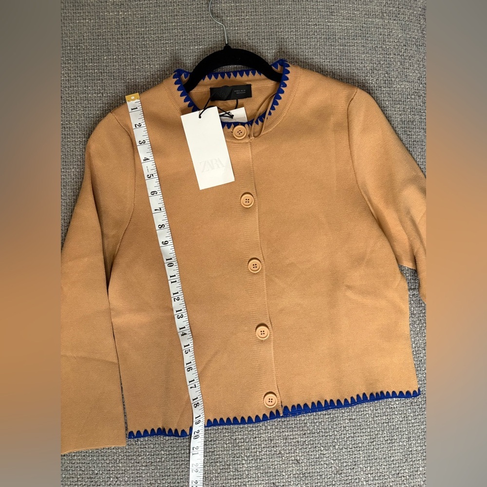 Zara Contrast Embroidery Knit Cardigan Camel Blue Trim Size Large NWT - Picture 13 of 15